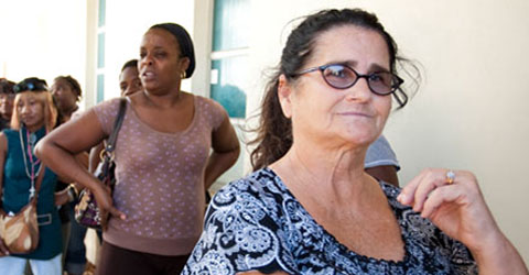 women in line at a food pantry